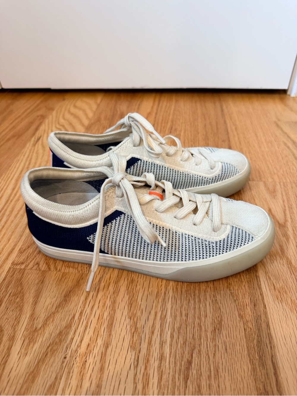 Rothy's Lace up Knit Sneakers with Navy Heel and Coral Lace Tab - Picture 5 of 9
